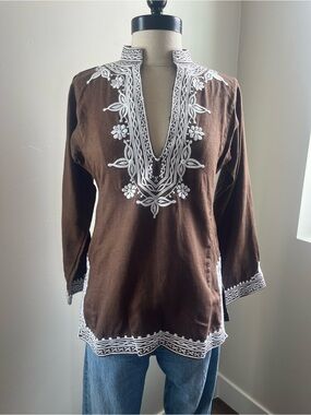 J.Crew 100% Linen Embroidered Tunic Top XS Brown Boho Resort Coastal